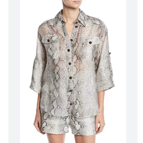 Zimmermann Beige Snake Printed Linen & Silk Corsage Safari Shirt Size 6 NWT - Picture 3 of 8